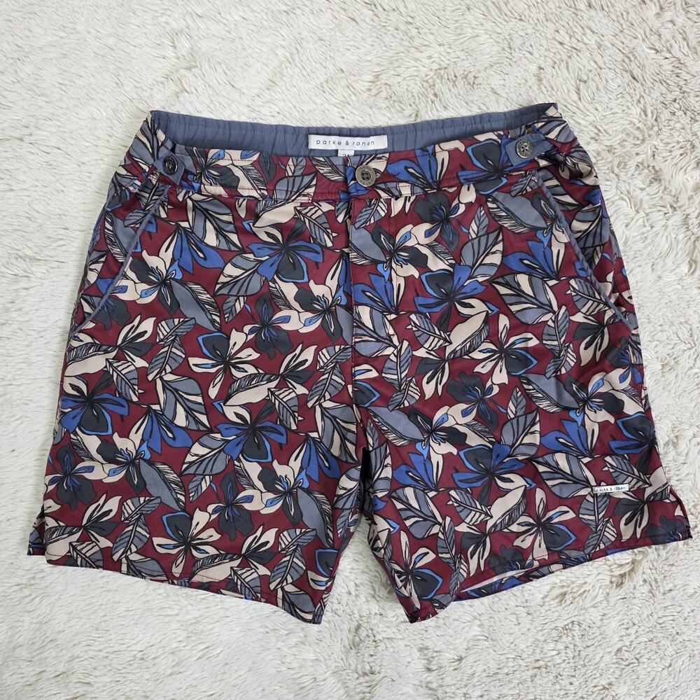 Parke & Ronen Catalonia Swim Shorts Burgundy Floral Men 31 Lined Beach Trunks 6”